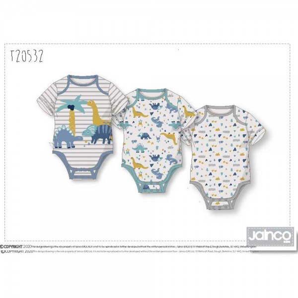 Baby Bodysuits PACKAGING 3 pieces DINOSAURS from 100% Organic Cotton