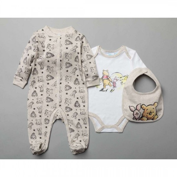 Set of 3 pieces. Bodysuit, Bodysuit, Bib, Winnie The Pooh On Oatmeal Marl, from 100% Cotton