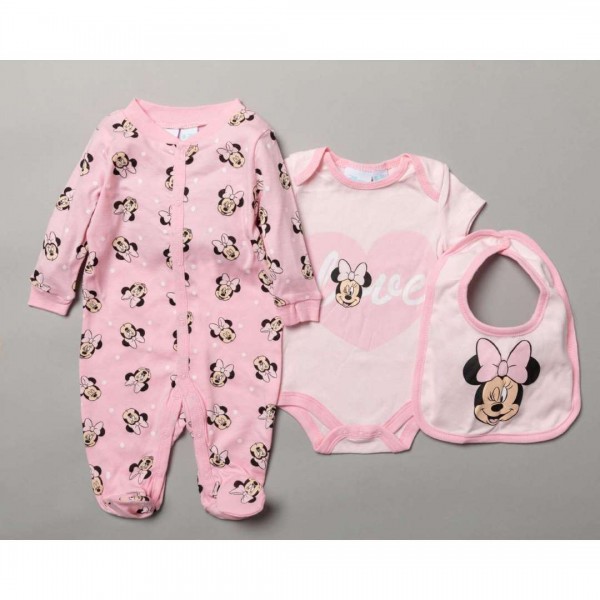 Set of 3 pieces. Bodysuit, Bodysuit, Bib, Minnie Mouse Roz, from 100% Cotton