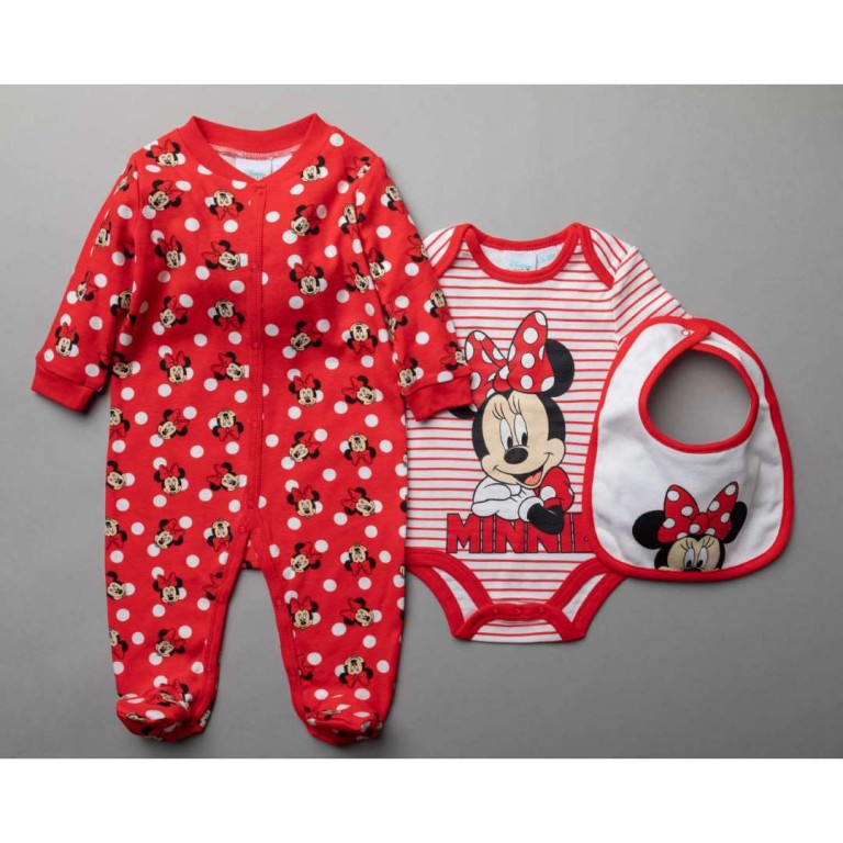 Set of 3 pieces. Bodysuit, Bodysuit, Bib, Minnie Mouse Red, from 100% Cotton