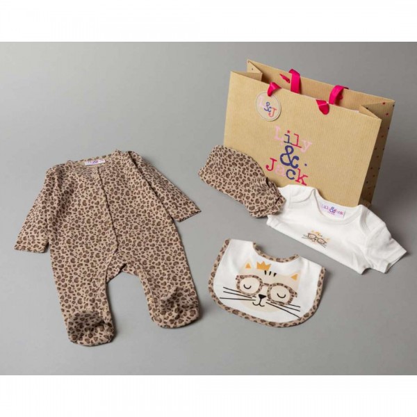 Multipack of 5 pcs, Bodysuit, bodysuit, hat, bib, gloves and gift bag, Loepard Print, from 100% Cotton.