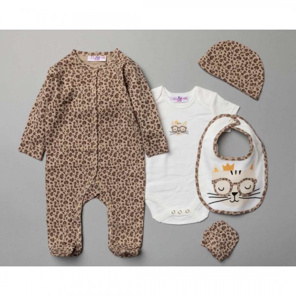 Multipack of 5 pcs, Bodysuit, bodysuit, hat, bib, gloves and gift bag, Loepard Print, from 100% Cotton.