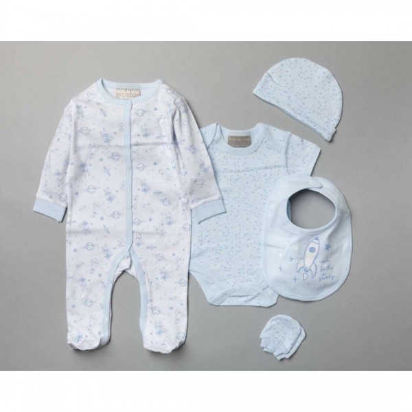 Multipack of 5 pcs, Bodysuit, bodysuit, hat, bib, gloves and gift bag, 'Outer Space, from 100% Cotton