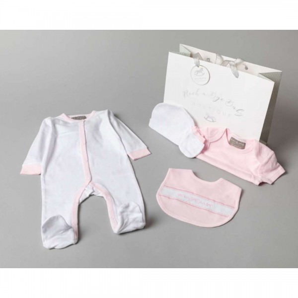 Multipack of 5 pcs, Bodysuit, bodysuit, hat, bib, gloves and gift bag, Bows, made of 100% Cotton.