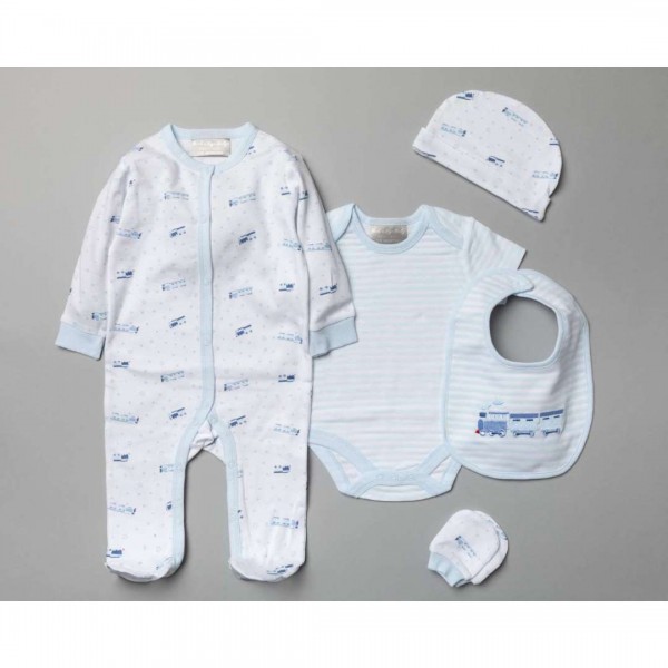 Multipack of 5 pcs, Bodysuit, bodysuit, hat, bib, gloves and gift bag, Trains, made of 100% Cotton