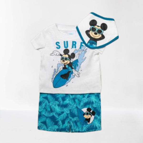 Σετ 3 τεμάχια, T-shirt, Sorts, Σαλιάρα, Mickey Mouse Surfing, από 100% Βαμβάκι