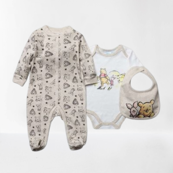 Set of 3 pieces. Bodysuit, Bodysuit, Bib, Winnie The Pooh On Oatmeal Marl, from 100% Cotton