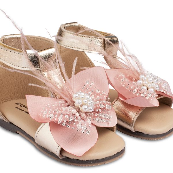 Sandal with Pearls and Feathers Bow BW4798 Rose Gold