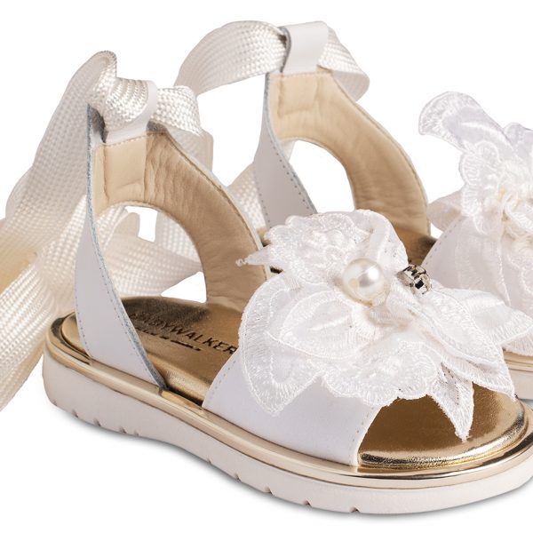 Leather Sandal with Flower and Rhinestone EXC5829 White