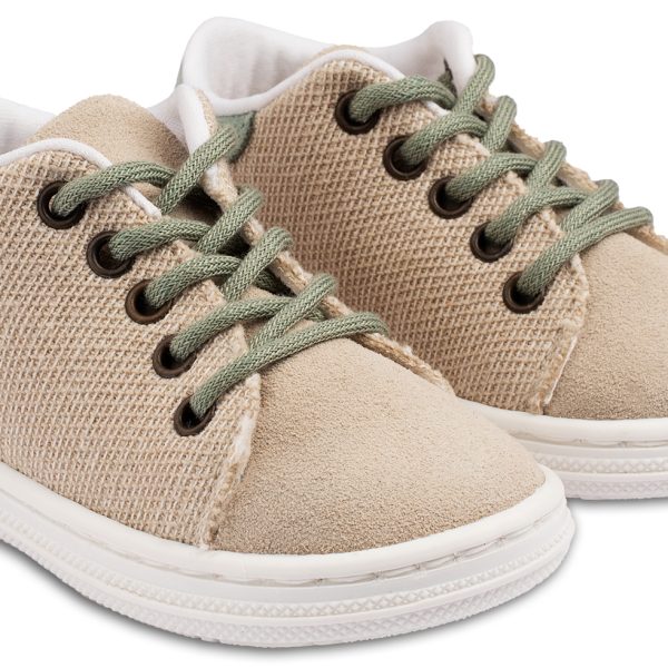 Σνίκερ από Δέρμα και Ύφασμα με Διπλή Μπαρέτα Χρατς σε Εκρού Χρώμα