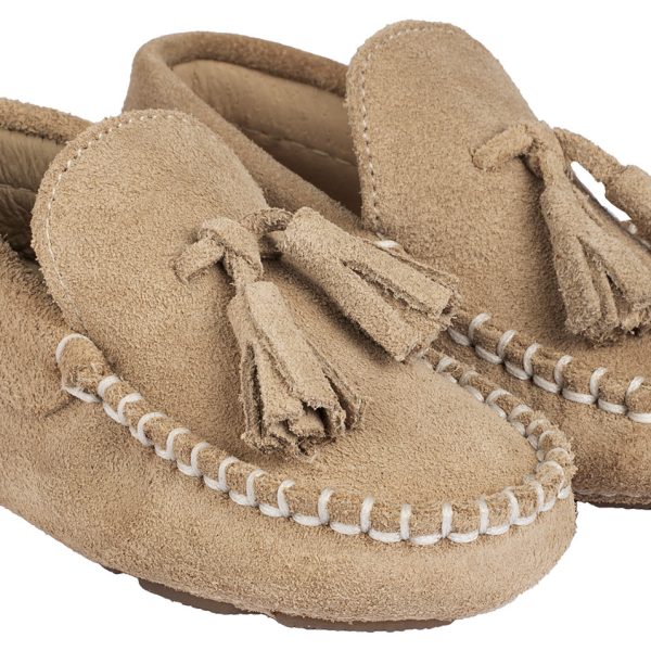 Καστόρινο Μοκασίνι με Φουντάκια από Δέρμα Κρούτα Suede σε Μπεζ Χρώμα