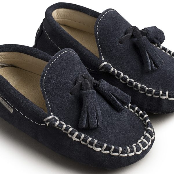 Καστόρινο Μοκασίνι με Φουντάκια από Δέρμα Κρούτα Suede σε Μπλε Χρώμα