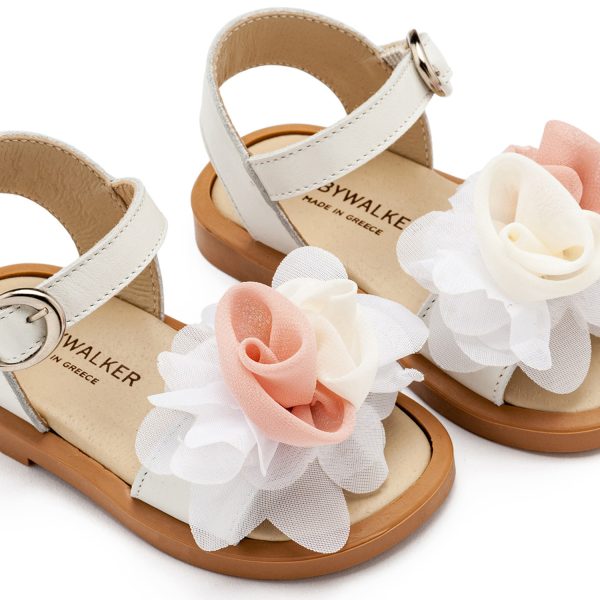 Πέδιλο με Χειροποίητο Διακοσμητικό με Chiffon Λουλούδια BW4860 Εκρού Ροζ