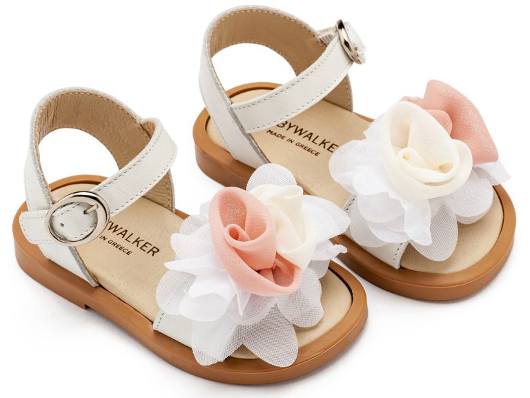 Πέδιλο με Χειροποίητο Διακοσμητικό με Chiffon Λουλούδια BW4860 Εκρού Ροζ