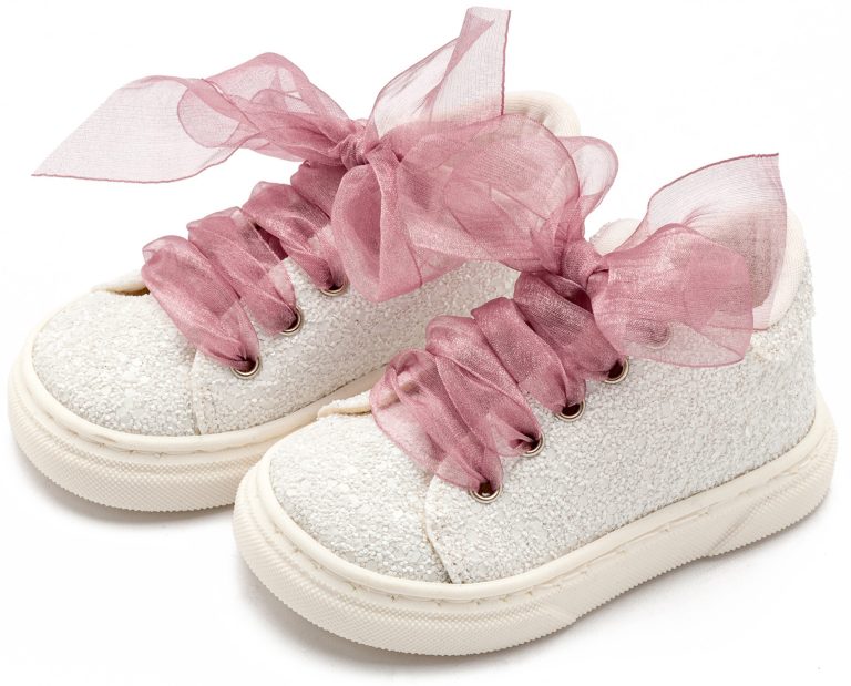 Sneaker απο Ύφασμα Glitter με Κορδέλα EXC5871 Λευκό Ροζ Αντικέ