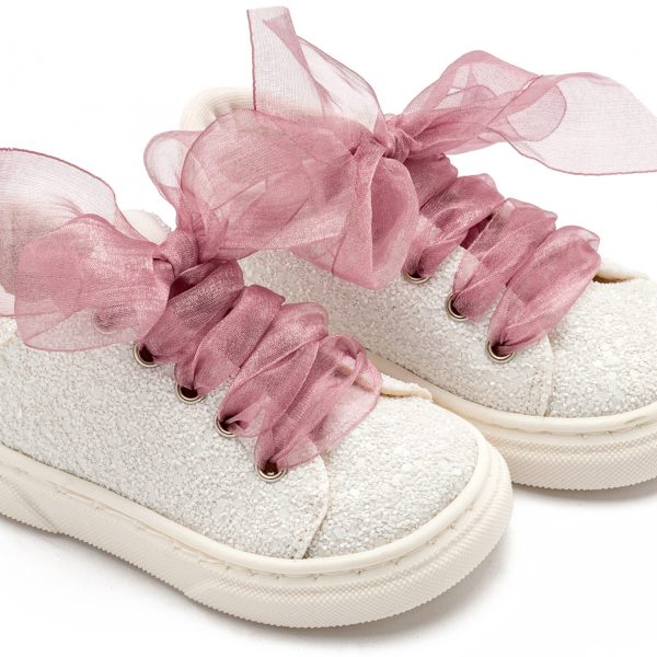 Sneaker απο Ύφασμα Glitter με Κορδέλα EXC5871 Λευκό Ροζ Αντικέ