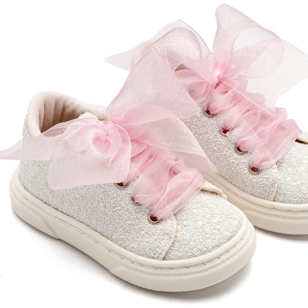 Sneaker απο Ύφασμα Glitter με Κορδέλα EXC5871 Λευκό Ροζ