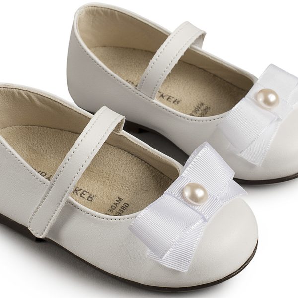 Δερμάτινο Γοβάκι Μονή Μπαρέτα με Ταφταδένιο Φιόγκο από Συνθετικό Δέρμα σε Λευκό χρώμα