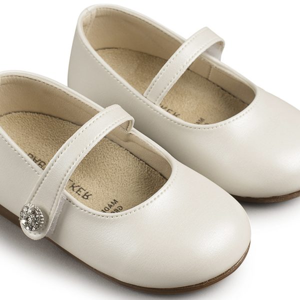 Δερμάτινο Γοβάκι Μονή Μπαρέτα με Στρασένιο Κουμπάκι από Συνθετικό Δέρμα σε Εκρού χρώμα