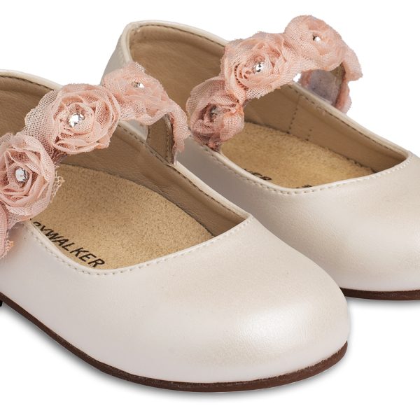 Δερμάτινο Γοβάκι Μονή Μπαρέτα με Chiffon Λουλούδια από Συνθετικό Δέρμα σε Εκρού Ροζ χρώμα