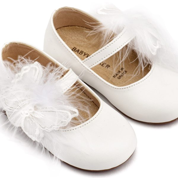 Δερμάτινο Γοβάκι Μονή Μπαρέτα με Χειροποίητο Διακοσμητικό  Πεταλούδα και Πούπουλα σε Λευκό Χρώμα