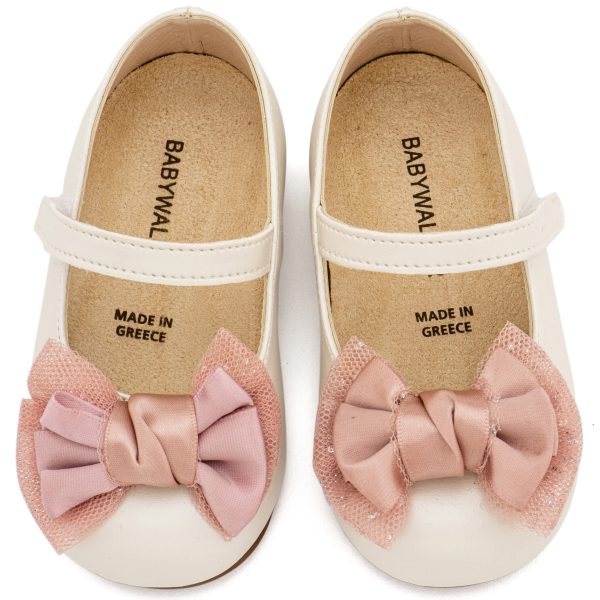 Δερμάτινο Γοβάκι Μονή Μπαρέτα με  Διακοσμητική Σατέν Φιόγκο σε Εκρού Ροζ Χρώμα