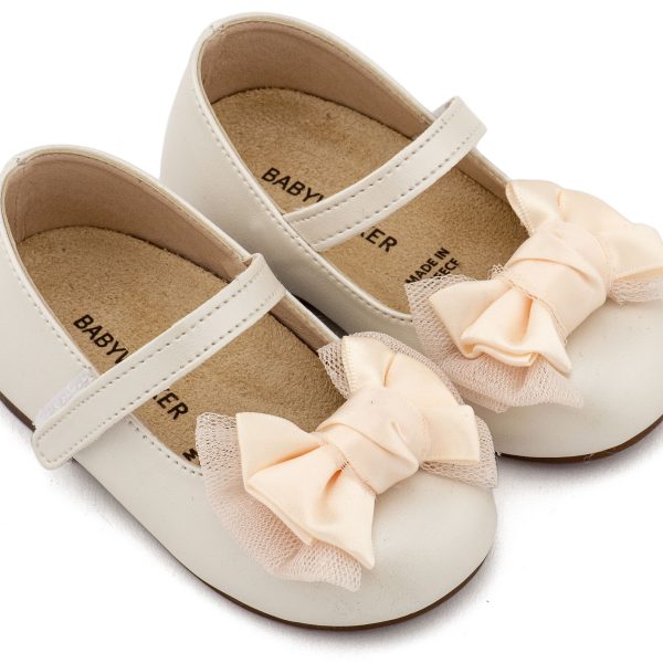 Δερμάτινο Γοβάκι Μονή Μπαρέτα με  Διακοσμητική Σατέν Φιόγκο σε Εκρού Χρώμα