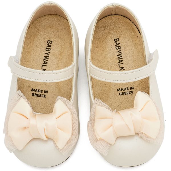 Δερμάτινο Γοβάκι Μονή Μπαρέτα με  Διακοσμητική Σατέν Φιόγκο σε Εκρού Χρώμα