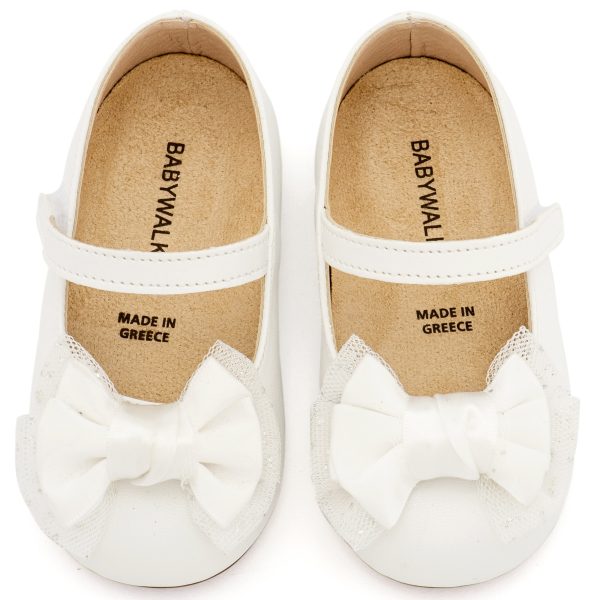 Δερμάτινο Γοβάκι Μονή Μπαρέτα με  Διακοσμητική Σατέν Φιόγκο σε Λευκό Χρώμα