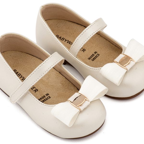 Δερμάτινο Γοβάκι Μονή Μπαρέτα με  Διακοσμητική Σατέν Φιόγκο σε Λευκό Χρώμα