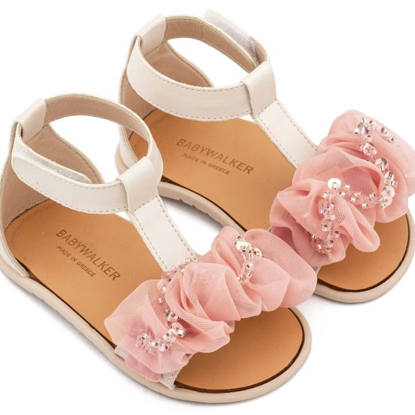 Δερμάτινο Πέδιλο Διακοσμημένο με Χειροποίητο Διακοσμητικό Οργάντζας και Παγιέττες σε Εκρού Ροζ Χρώμα