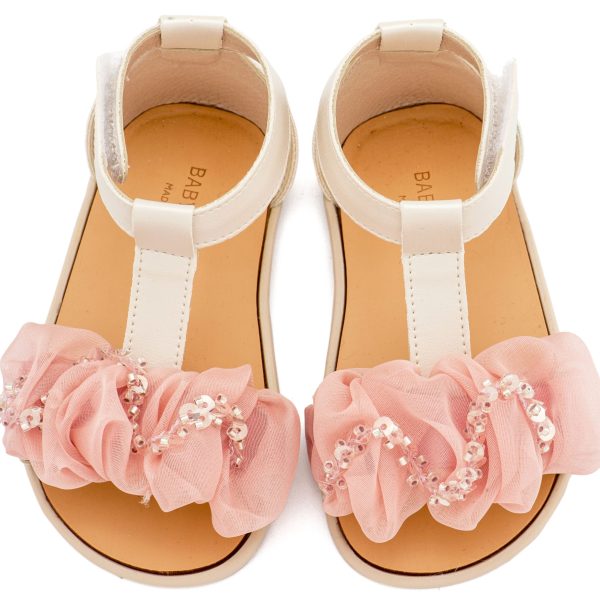 Δερμάτινο Πέδιλο Διακοσμημένο με Χειροποίητο Διακοσμητικό Οργάντζας και Παγιέττες σε Εκρού Ροζ Χρώμα