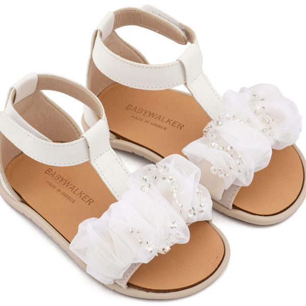 Δερμάτινο Πέδιλο Διακοσμημένο με Χειροποίητο Διακοσμητικό Οργάντζας και Παγιέττες σε Λευκό Χρώμα