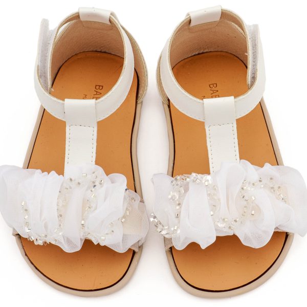 Δερμάτινο Πέδιλο Διακοσμημένο με Χειροποίητο Διακοσμητικό Οργάντζας και Παγιέττες σε Λευκό Χρώμα