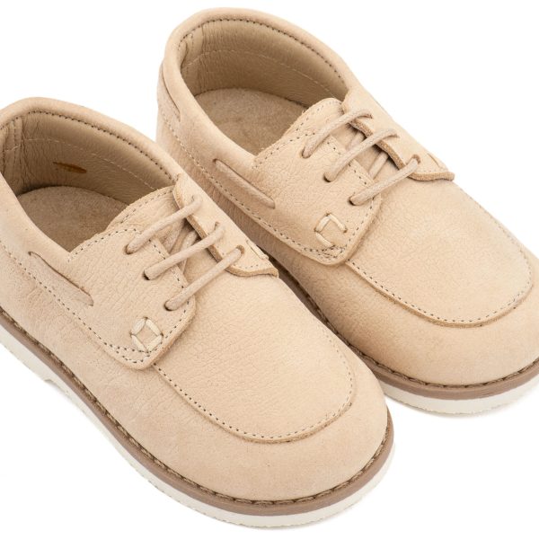 Δετό Δερμάτινο Μοκασίνι από Δέρμα Ναμπούκ με Κορδόνι σε Μπεζ Χρώμα