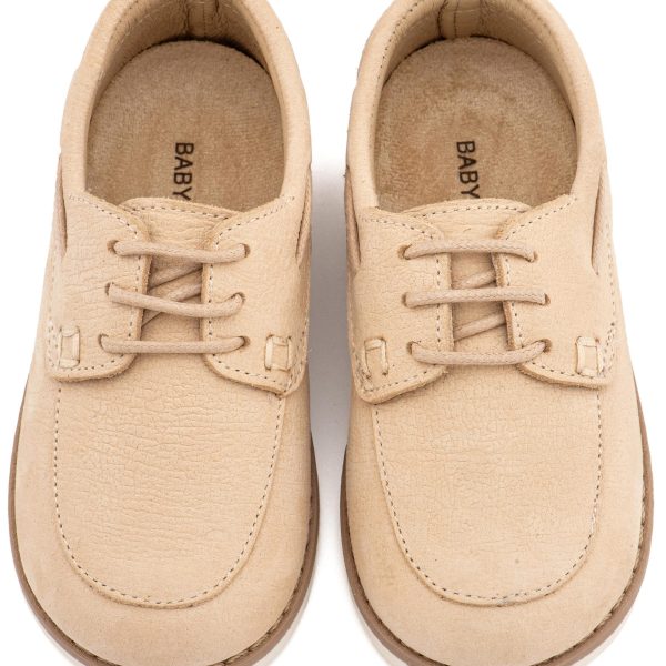 Δετό Δερμάτινο Μοκασίνι από Δέρμα Ναμπούκ με Κορδόνι σε Μπεζ Χρώμα