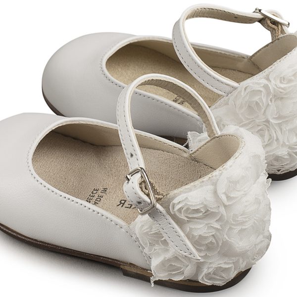 Δερμάτινο Γαλλικό Γοβάκι με Διακοσμημένη Φτέρνα από Chiffon Λουλούδια σε Λευκό Χρώμα