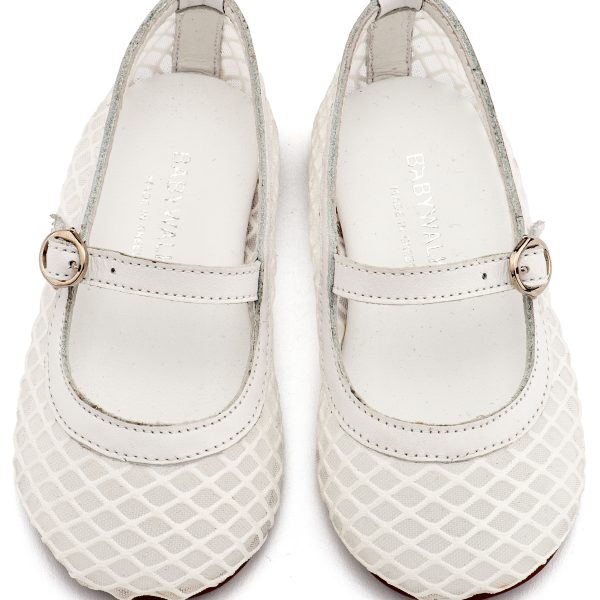 Γοβάκι Μονή Μπαρέτα Χρατς από Ύφασμα Φιλντιρέ Δίχτυ με Δερμάτινες Λεπτομέρειες  σε Λευκό Χρώμα