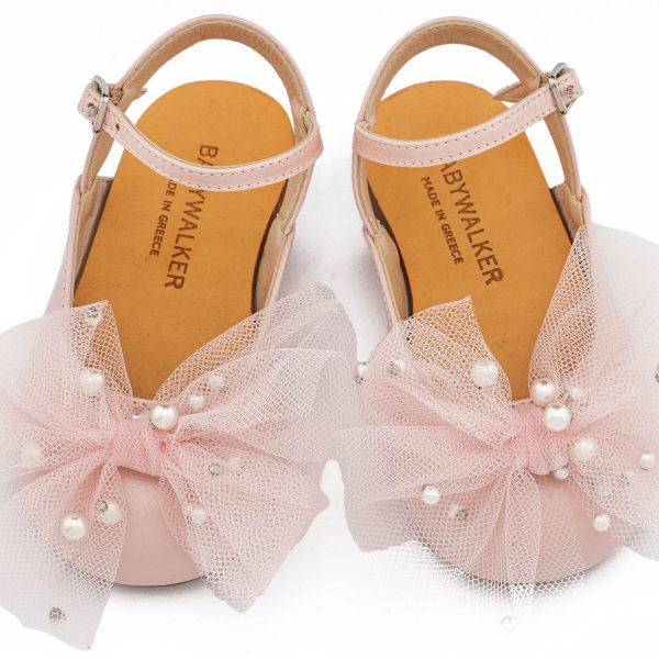 Δερμάτινο Γαλλικό Σαμπό με Χειροποίητο Φιόγκο απ΄π Τούλι και Πέρλες σε Ροζ Χρώμα