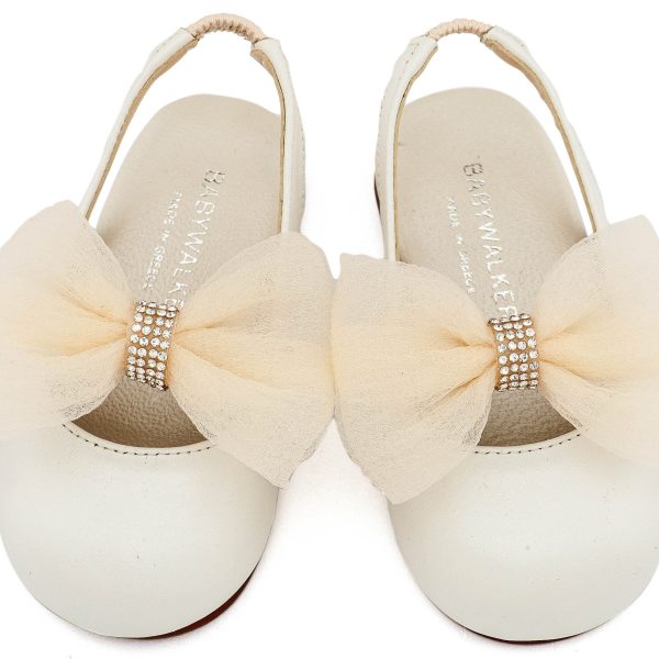 Δερμάτινο Γαλλικό Σαμπό Διακοσμημένο με Φιόγκο Οργάντζας και Στρας σε Εκρού Χρώμα