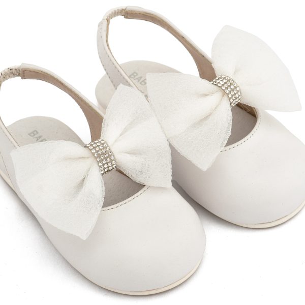 Δερμάτινο Γαλλικό Σαμπό Διακοσμημένο με Φιόγκο Οργάντζας και Στρας σε Λευκό Χρώμα