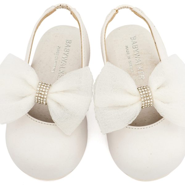 Δερμάτινο Γαλλικό Σαμπό Διακοσμημένο με Φιόγκο Οργάντζας και Στρας σε Λευκό Χρώμα