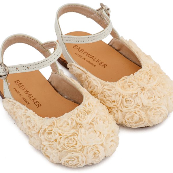 Δερμάτινο Γαλλικό Σαμπό Διακοσμημένο Ολόγυρα με Chiffon Λουλούδια  σε Εκρού Χρώμα