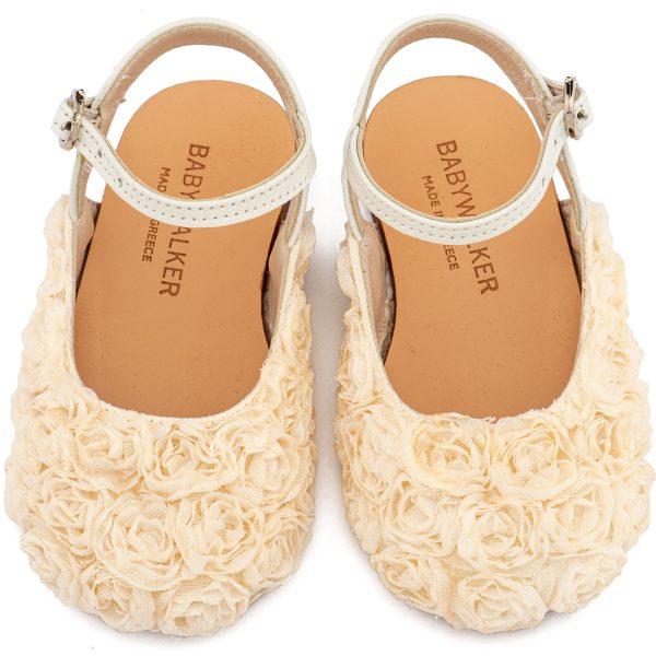 Δερμάτινο Γαλλικό Σαμπό Διακοσμημένο Ολόγυρα με Chiffon Λουλούδια  σε Εκρού Χρώμα