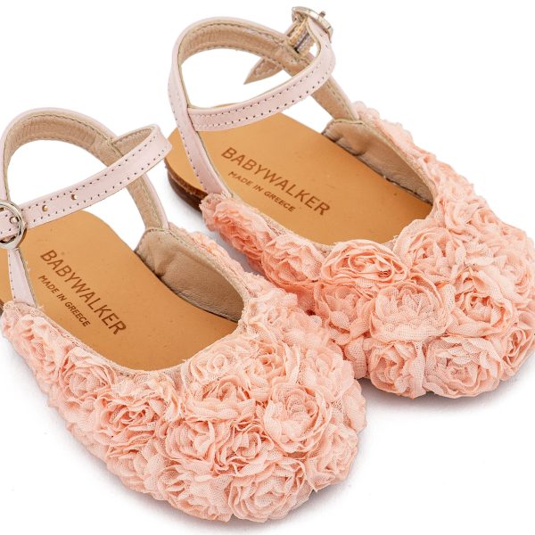 Δερμάτινο Γαλλικό Σαμπό Διακοσμημένο Ολόγυρα με Chiffon Λουλούδια  σε Ροζ Χρώμα