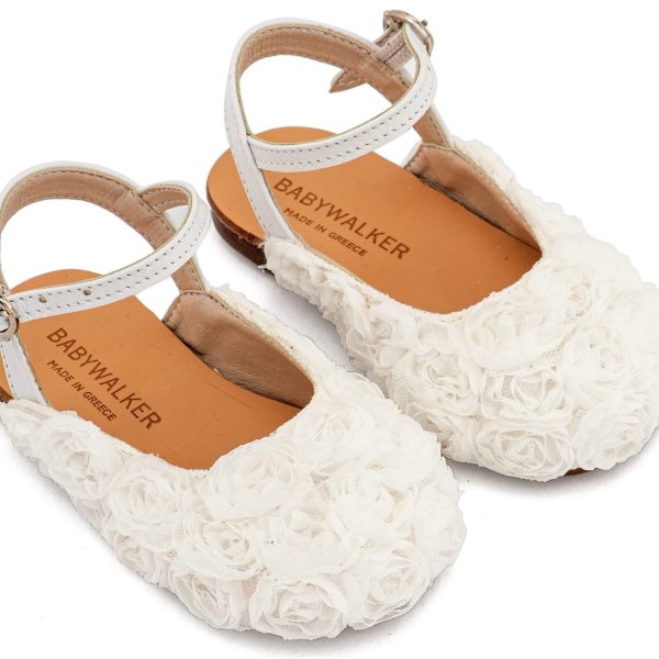 Δερμάτινο Γαλλικό Σαμπό Διακοσμημένο Ολόγυρα με Chiffon Λουλούδια  σε Λευκό Χρώμα