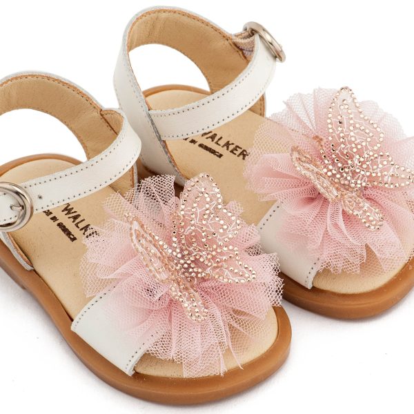 Δερμάτινο Πέδιλο Διακοσμημένο με Χειροποίητη Πεταλούδα και Τούλι σε Εκρού Ροζ Χρώμα