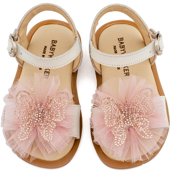 Δερμάτινο Πέδιλο Διακοσμημένο με Χειροποίητη Πεταλούδα και Τούλι σε Εκρού Ροζ Χρώμα