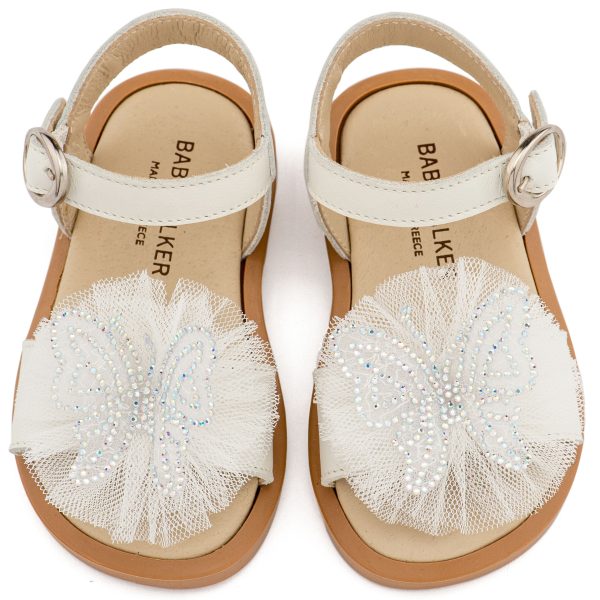 Δερμάτινο Πέδιλο Διακοσμημένο με Χειροποίητη Πεταλούδα και Τούλι σε Εκρού Χρώμα