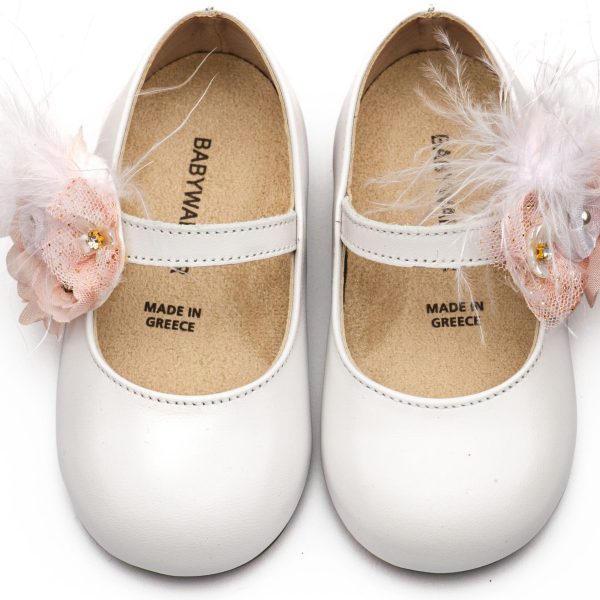 Δερμάτινο Γοβάκι Μονή Μπαρέτα με Χειροποίητο Διακοσμητικό από Λουλούδια και Πούπουλα σε Λευκό Ροζ Χρώμα